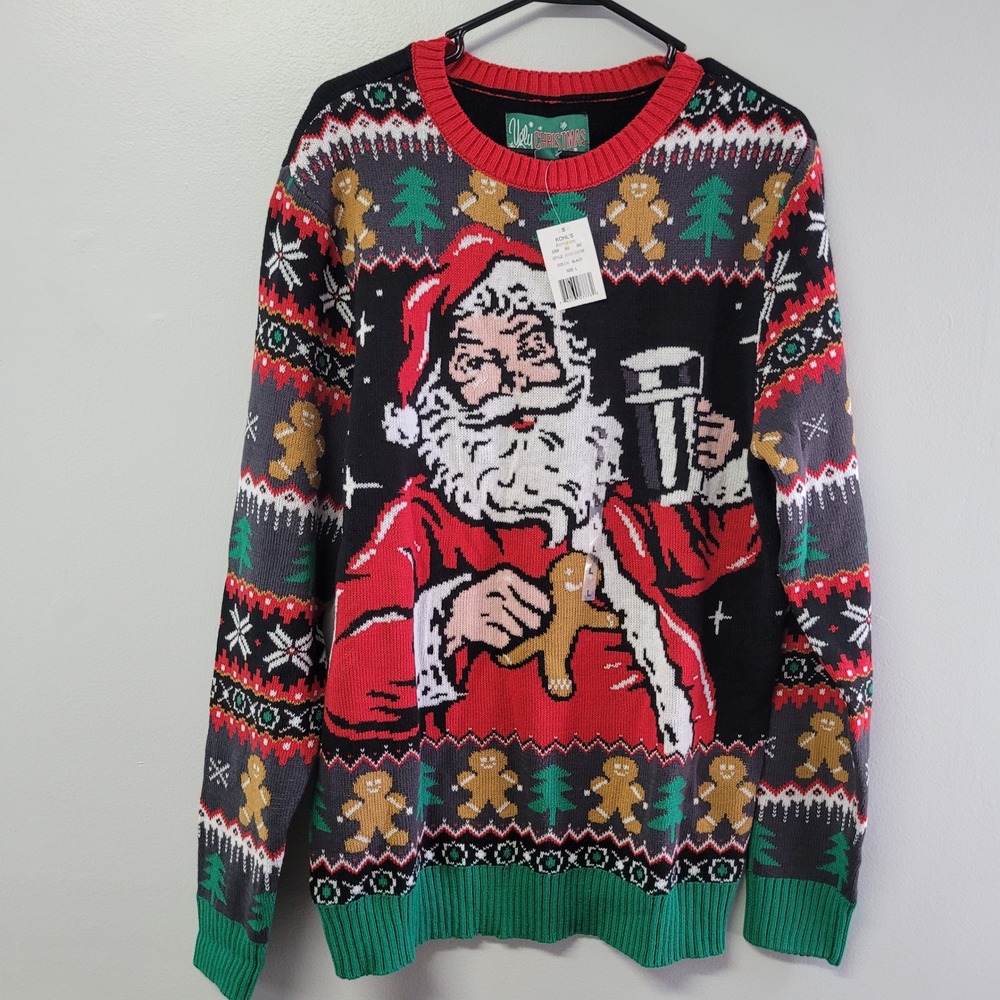 Ugly Christmas Sweater Mens Large Santa Beer‎ Gingerbread NWT Black KHXF5S8137